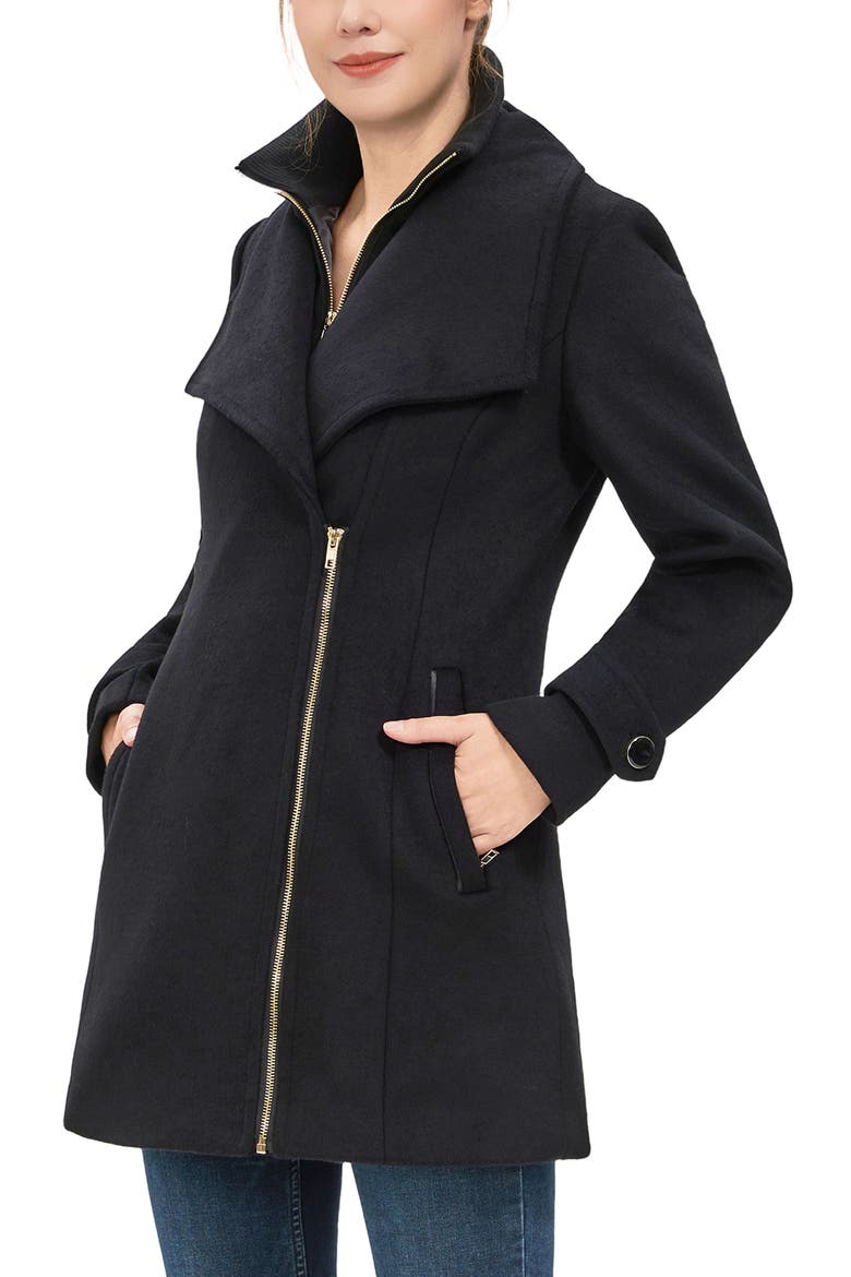 Women's Kinsley Wool Blend Zip Front Walking Coat, Alternate, color, Black