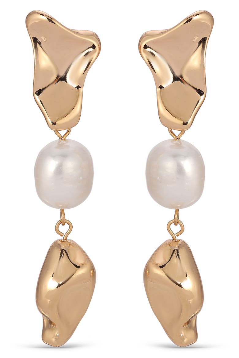 Cultured Freshwater Pearl Molten Drop Earrings, Alternate, color, GOLD