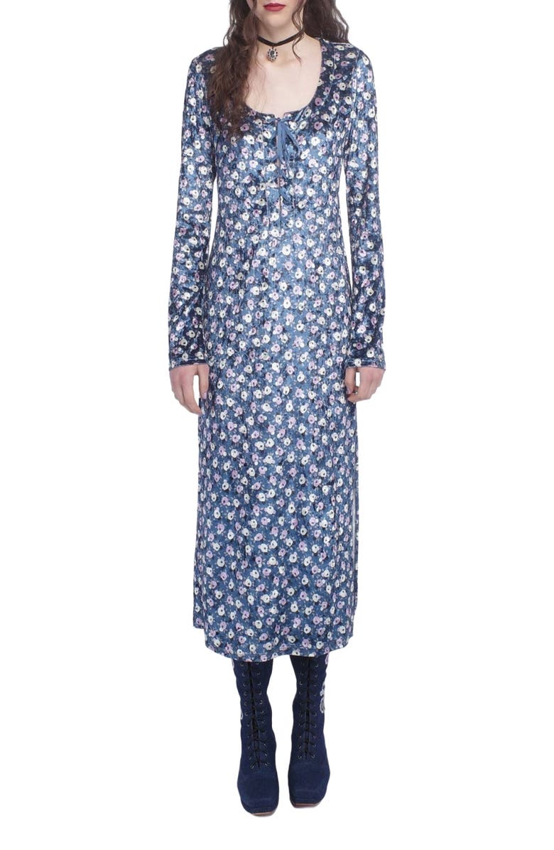 Anna Sui Posie Stretch Velvet Long Dress, Main, color, Cornflower Multi