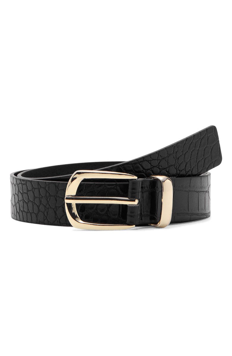 MANGO Croc Embossed Faux Leather Belt, Main, color, Black