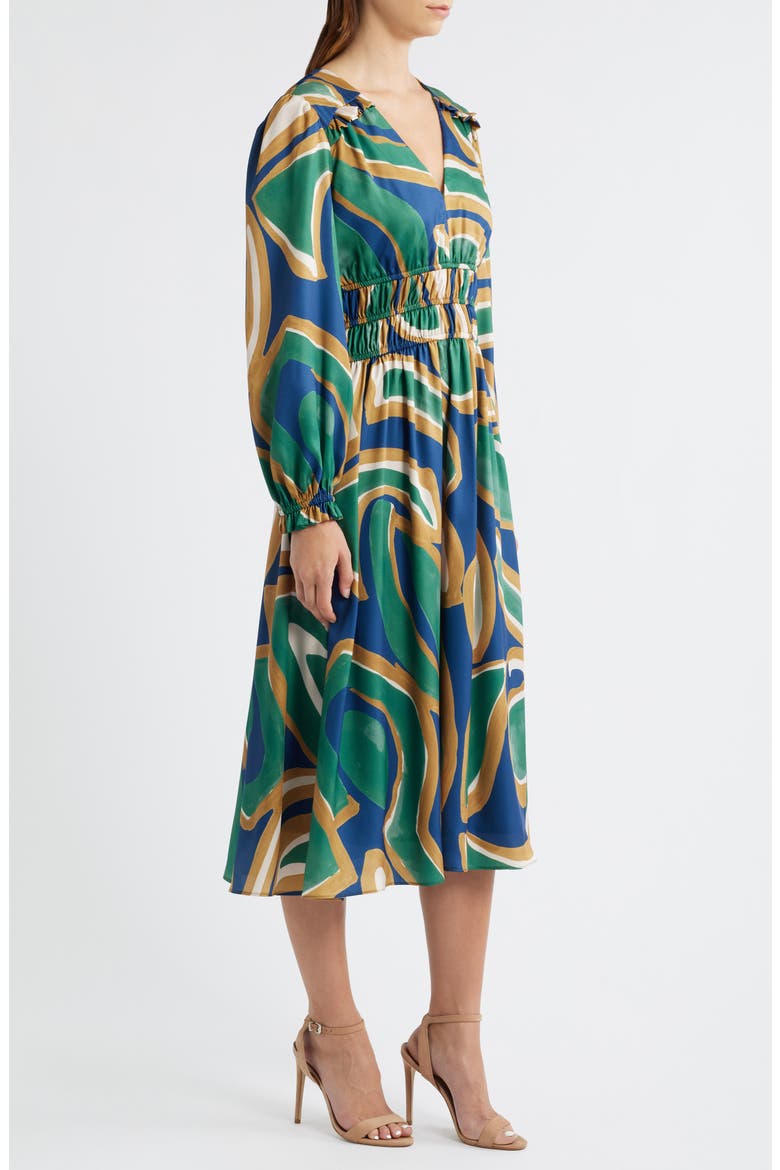 Abstract Print Long Sleeve Midi Dress, Alternate, color, GREEN MULTI