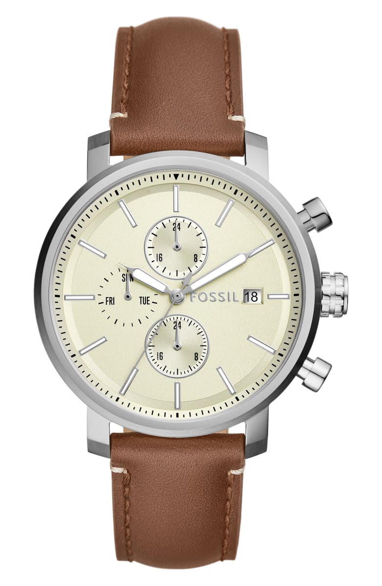 Fossil Rhett Leather Strap Watch, 42mm, Main, color, Silver
