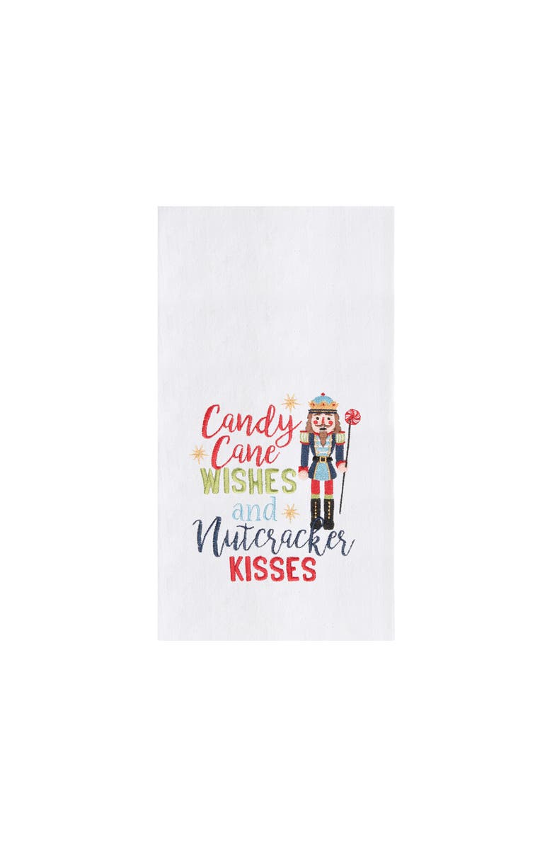 C&F Home Christmas Holiday "Candy Cand Wishes & Nutcrackers Kisses" Sentiment Nutcracker Flour Sack Kitchen Towel 27L x 18W in., Main, color, White