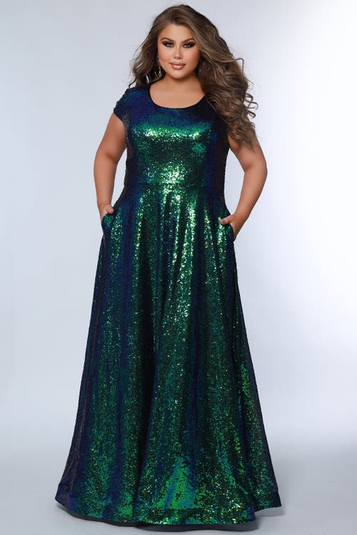 Sydney's Closet Sequin A-line Scoop Neck Cap Sleeve Plus Size Gown In Peacock