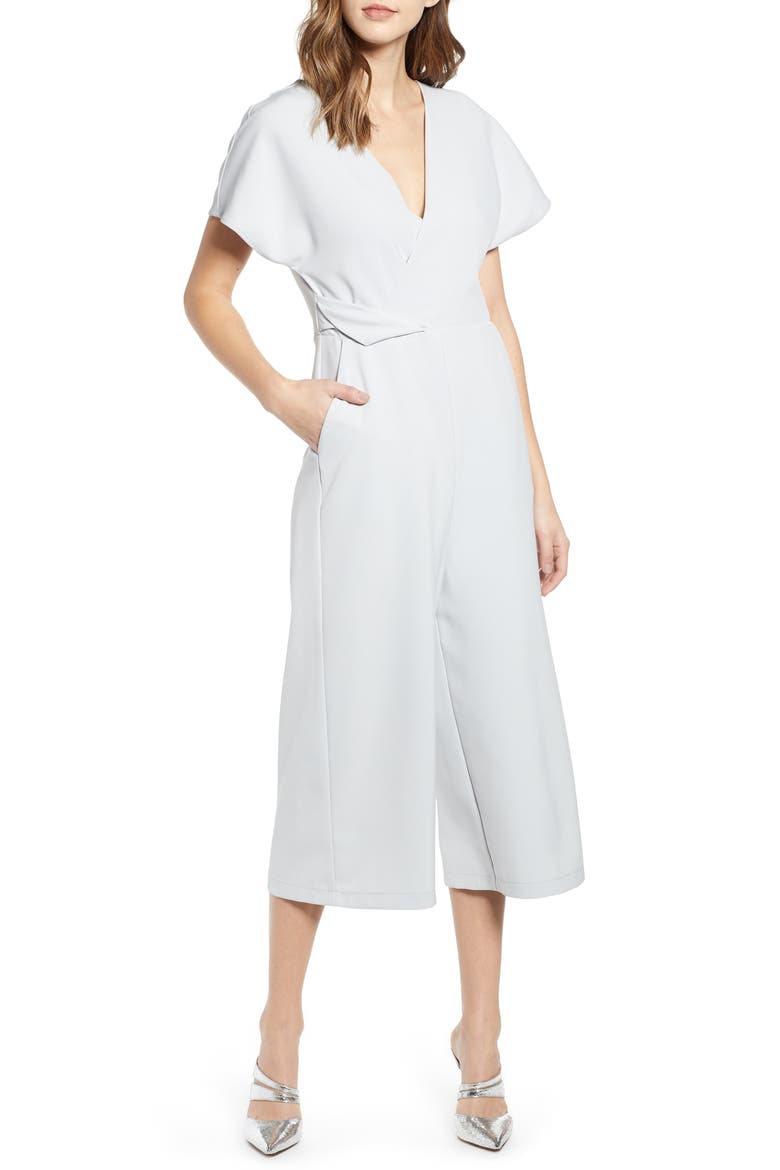 Surplice Wide Leg Crop Jumpsuit, Main, color, GREY MICRO