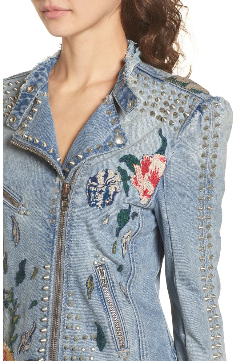 Sea of Flowers Studded Denim Moto Jacket, Alternate, color, DENIM BLUE