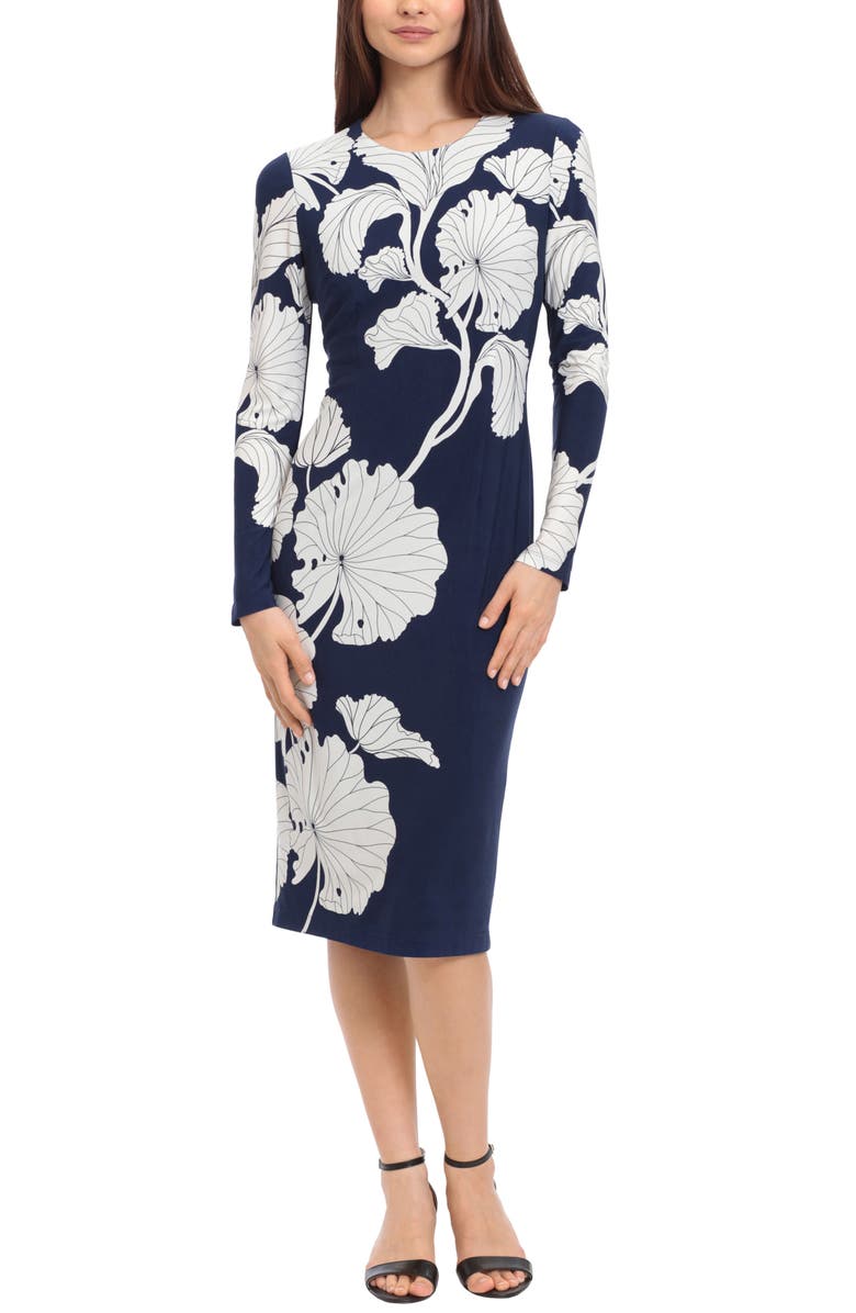 Maggy London Long Sleeve Placement Midi Sheath Dress, Main, color, 