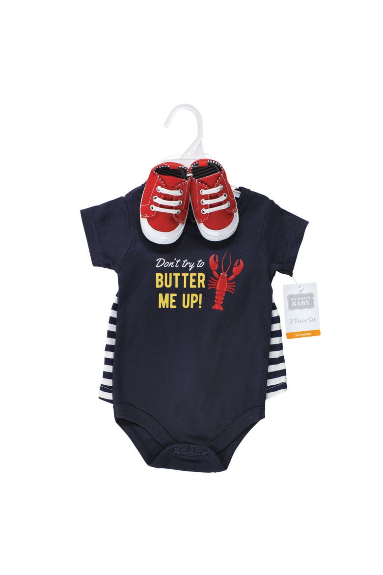 Little Gent's Soft Cotton Bodysuit, Shorts & Footwear 3Pk, Alternate, color, Butter Me Up Lobster