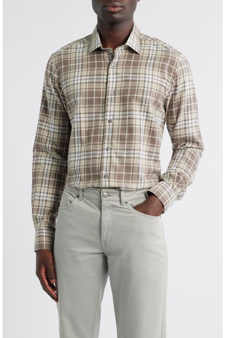 Weekend Regular Fit Heathered Plaid Cotton Button-Up Shirt, Main, color, COCOA HEATHER