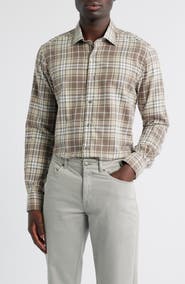 Scott Barber Weekend Regular Fit Heathered Plaid Cotton Button-Up Shirt