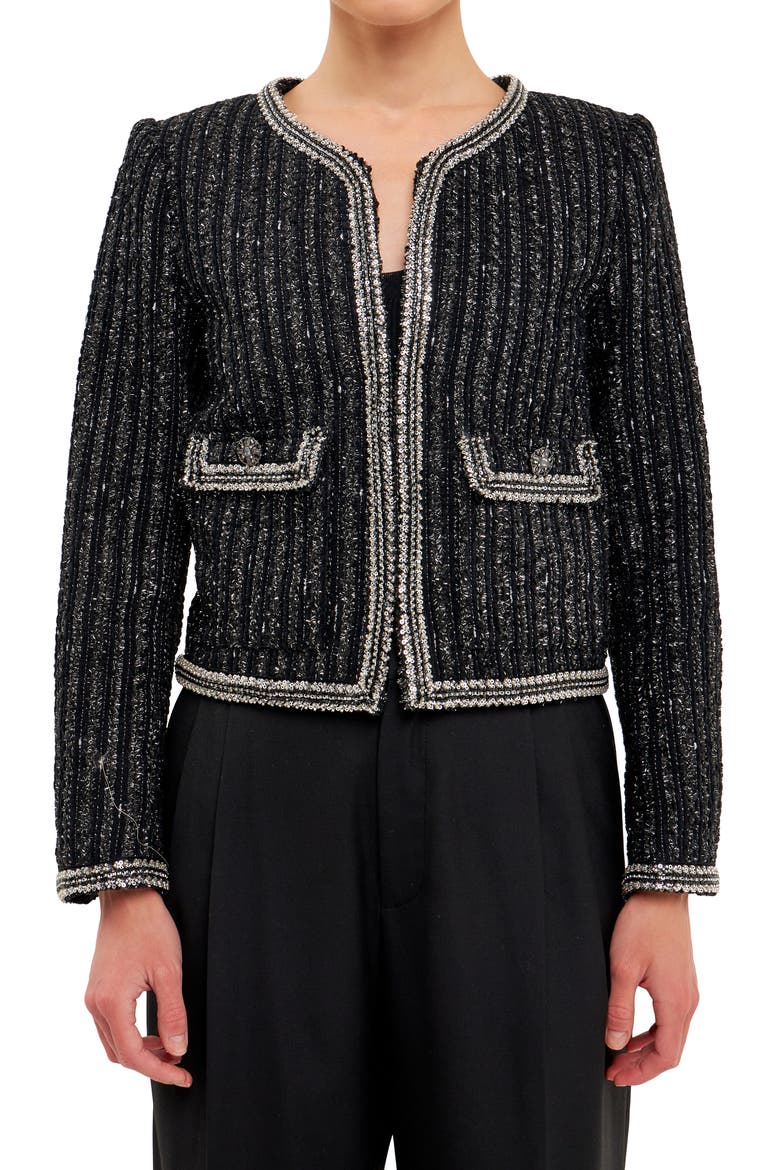 Premium Sequin Tweed Jacket, Alternate, color, BLACK