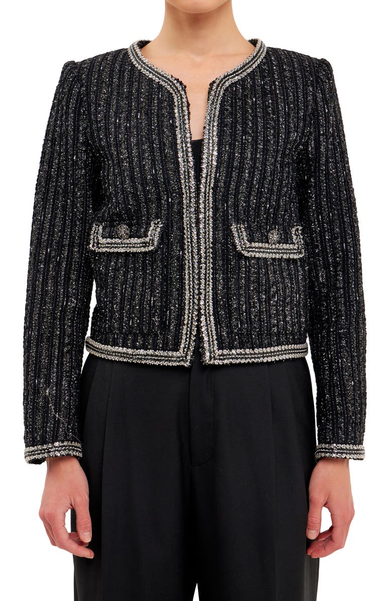 Endless Rose Premium Sequin Tweed Jacket, Alternate, color, Black