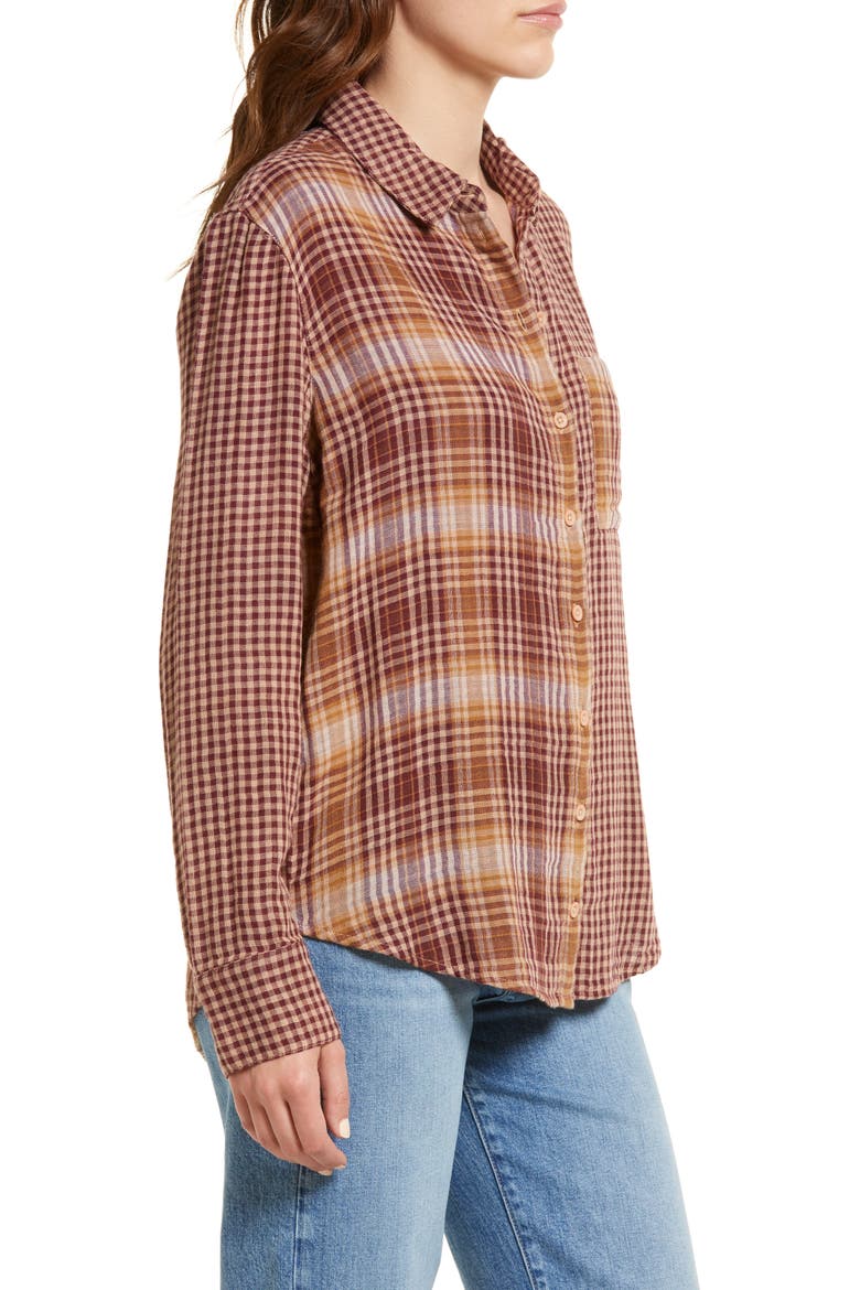Mixed Plaid Cotton Boyfriend Shirt, Alternate, color, BURGUNDY- TAN MIXED PLAID