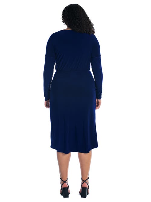24seven Comfort Apparel Long Sleeve Dressy Tulip Skirt Knee Length Dress In Blue
