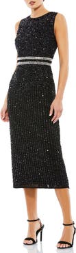 Mac Duggal Sleeveless High Neck Beaded Midi Sheath Dress