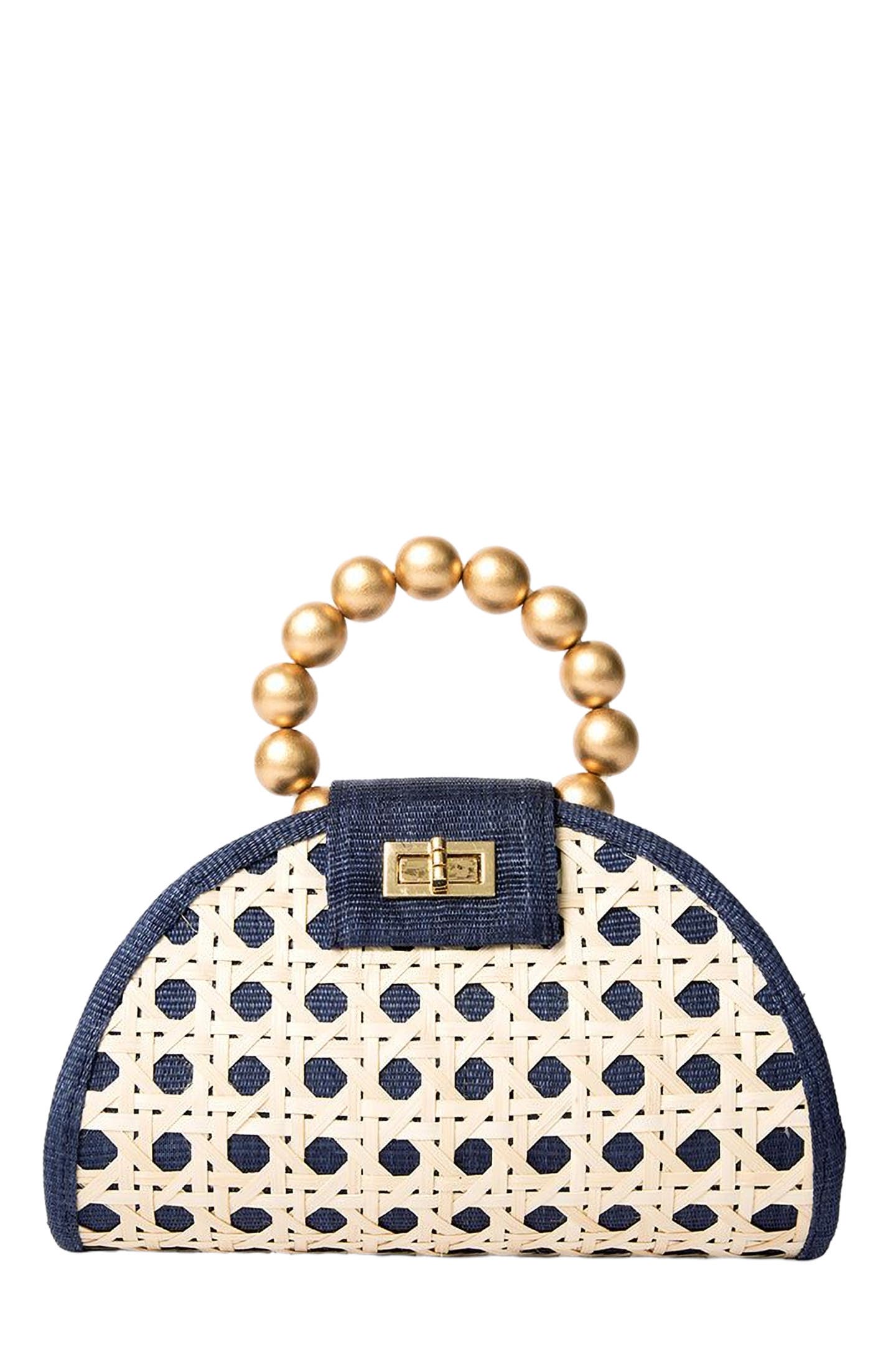 Soli & Sun THE BELLA Rattan Woven Handbag in Blue & Gold 