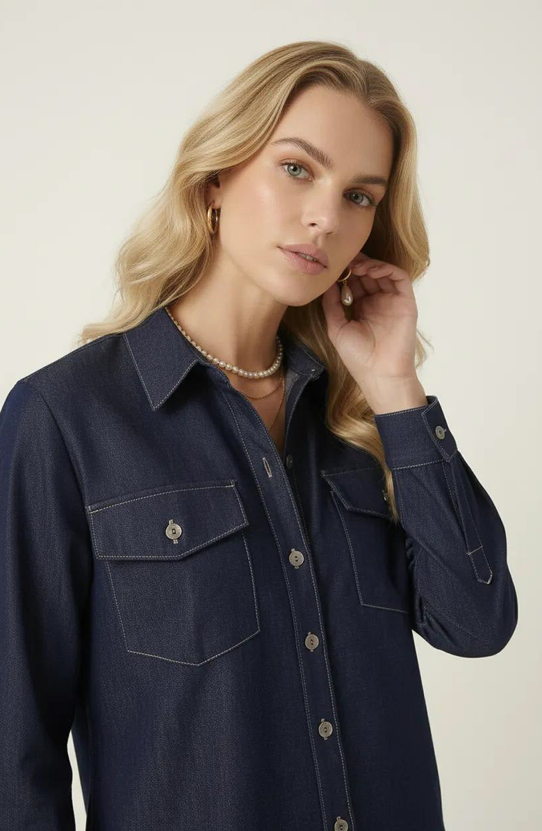 Modenaire Denim Button Up Shirt, Alternate, color, Dark Blue