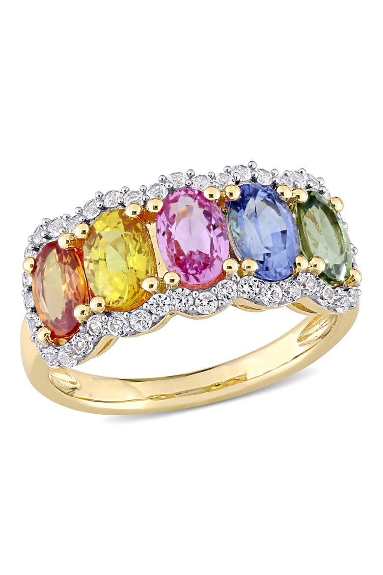 Multi-Color Sapphire 5-Stone Halo Ring 14k, Main, color, Yellow Gold