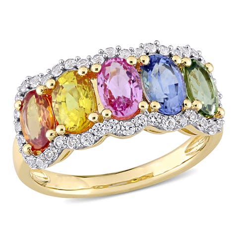 Multi-Color Sapphire 5-Stone Halo Ring 14k