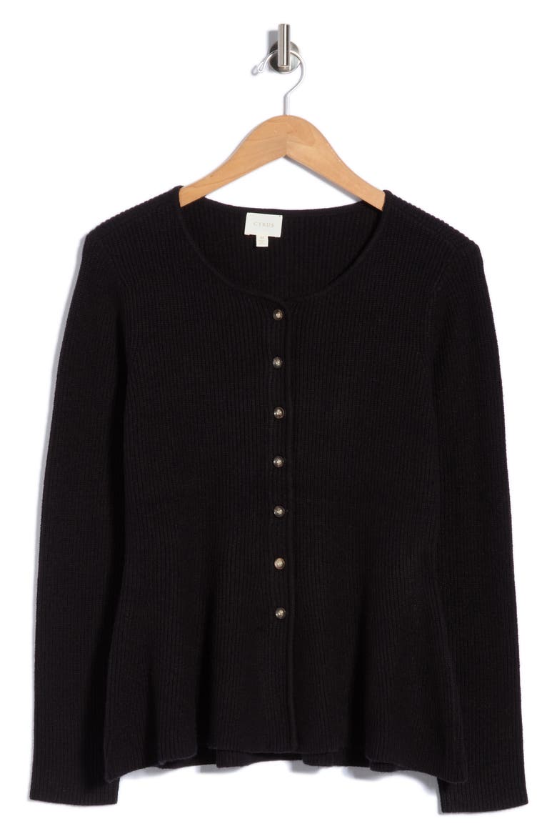 Scoop Neck Peplum Cardigan, Main, color, BLACK