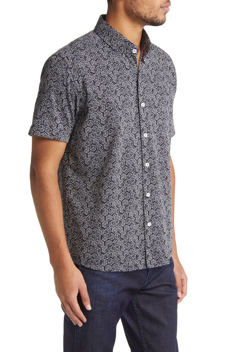 Stone Rose DRY TOUCH<sup>®</sup> Performance Dice Print Short Sleeve Button-Up Shirt, Alternate, color, Black