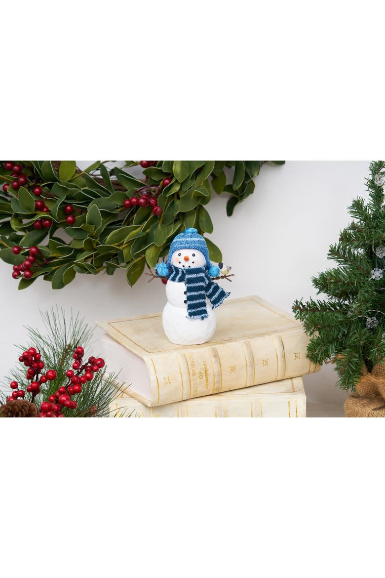 Plaid Scarf Snowman Chickadee Small Christmas Figurine, Alternate, color, Blue