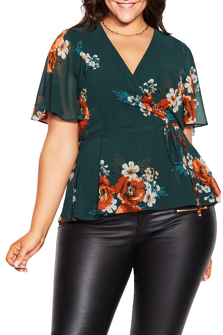 Valencia Floral Faux Wrap Top, Main, color, EMERALD POPPY PLAY