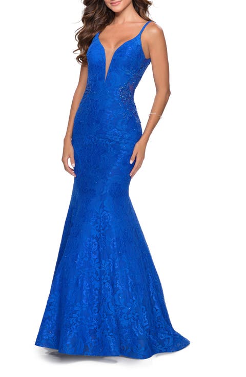 Long Mermaid Lace Dress with Back Rhinestone Detail