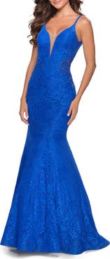 La Femme Long Mermaid Lace Dress with Back Rhinestone Detail