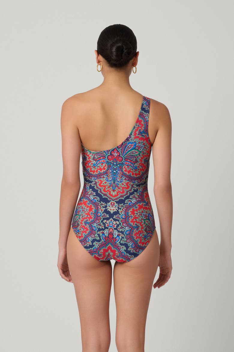 Bateau Medallion Print Ring One Shoulder One-Piece, Alternate, color, Navy/Multi