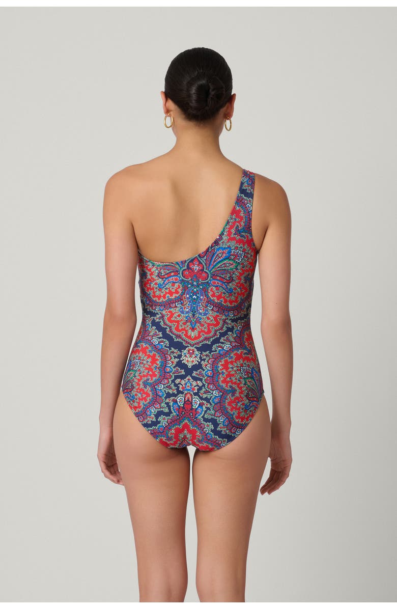Shoshanna Bateau Medallion Print Ring One Shoulder One-Piece, Alternate, color, Navy/Multi