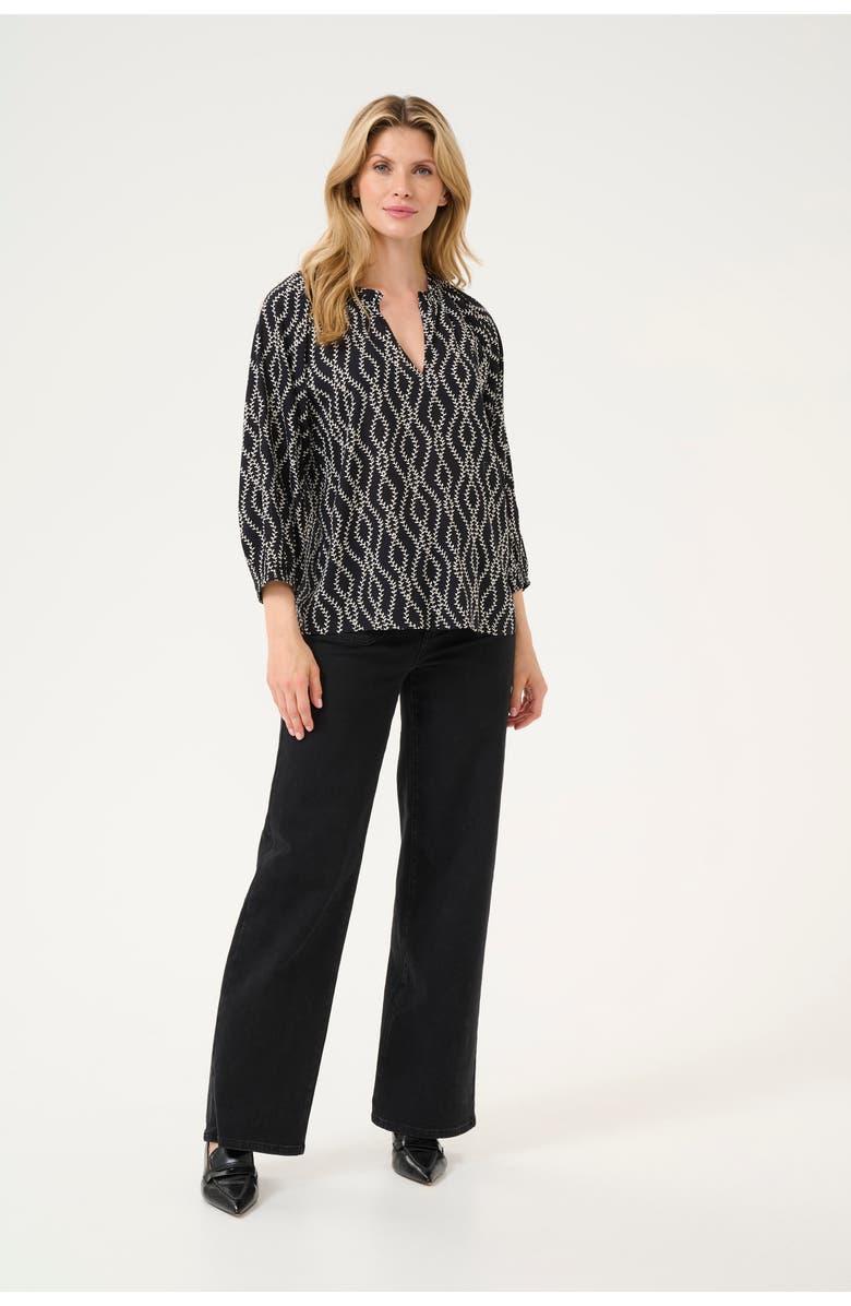 Kaffe KAsigrid 3/4 Sleeves V-notch Neck Blouse, Alternate, color, Black/Chalk Print
