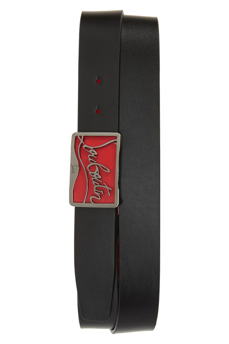 Ricky Logo Buckle Leather Belt, Main, color, BLACK