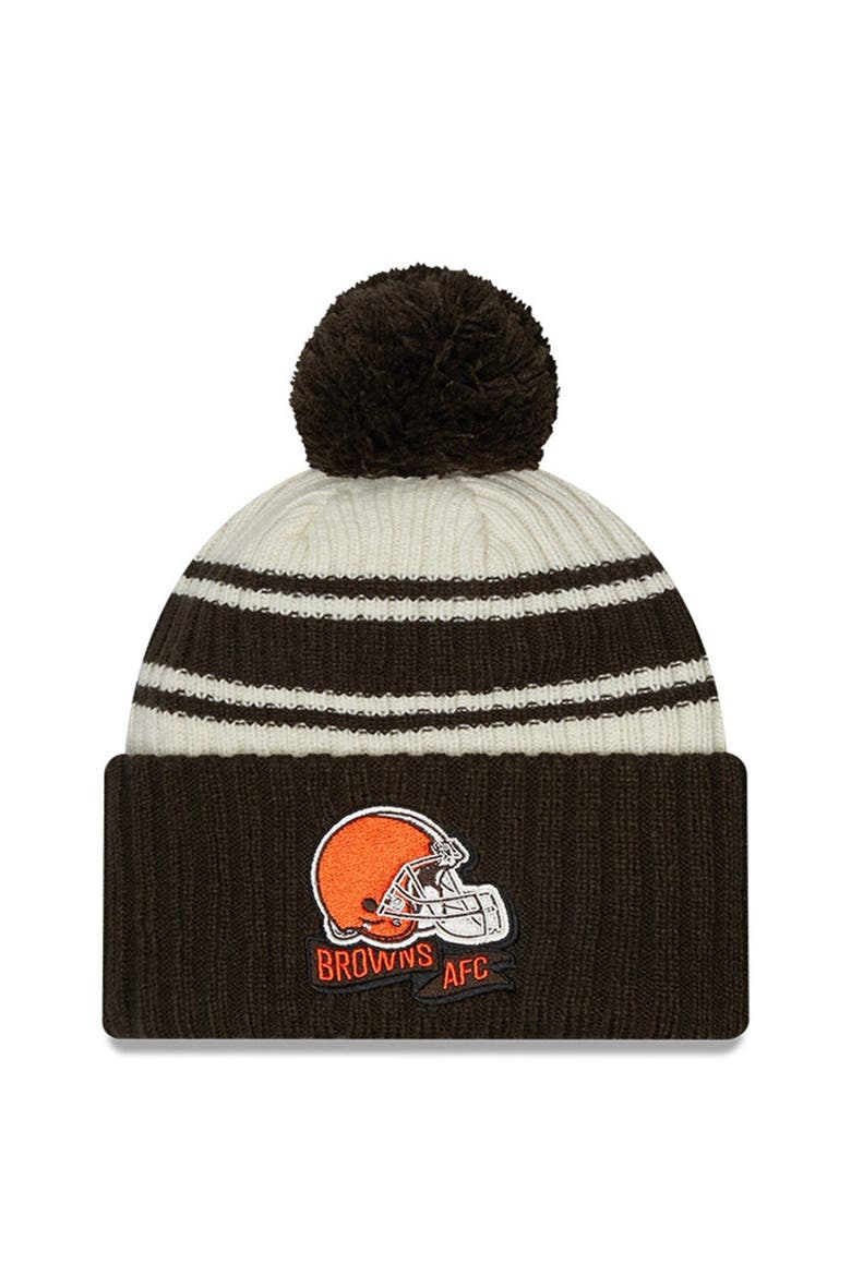 Youth New Era Cream/Brown Cleveland Browns 2022 Sideline Sport Cuffed Pom Knit Hat, Main, color, Cream