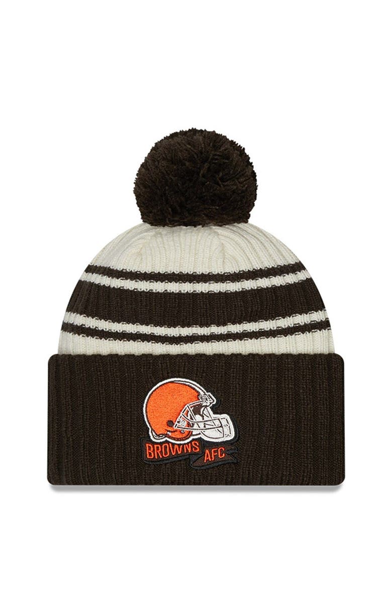 New Era Youth New Era Cream/Brown Cleveland Browns 2022 Sideline Sport Cuffed Pom Knit Hat, Main, color, Cream