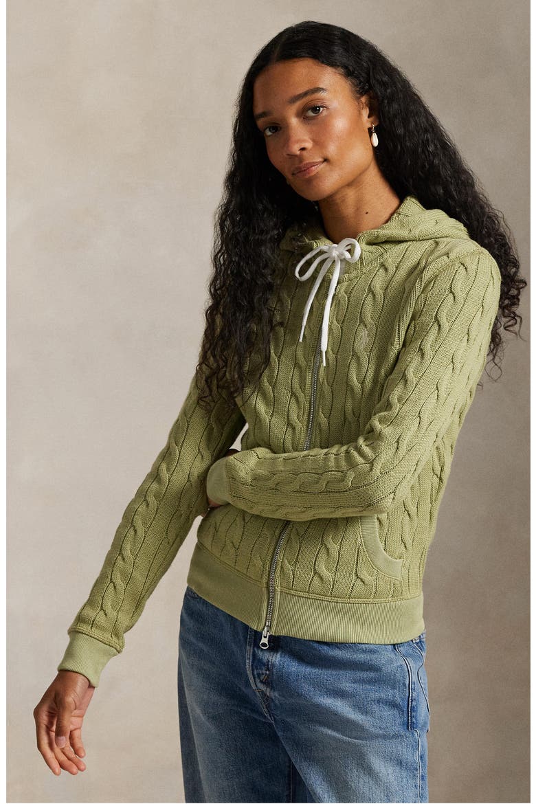 Cable Knit Cotton Zip Hoodie, Alternate, color, LIGHT OLIVE