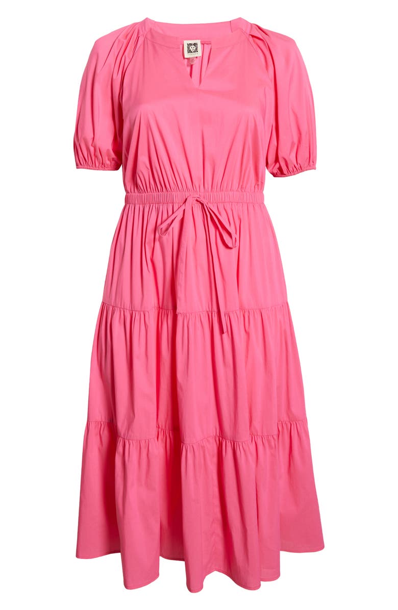 Anne Klein Tiered Puff Sleeve Midi Dress, Alternate, color, Carmine Rose