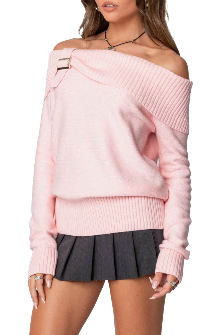 Marilyn Buckled Off the Shoulder Sweater, Alternate, color, PINK