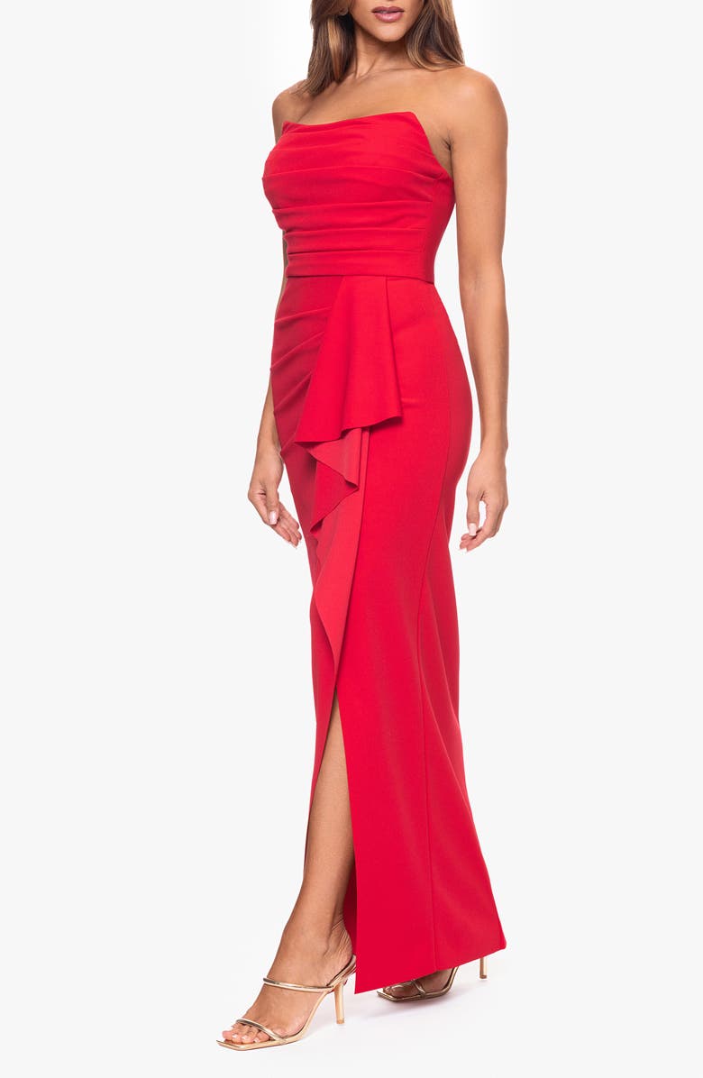 Xscape Evenings Strapless Cascade Ruffle Scuba Crepe Gown, Alternate, color, 