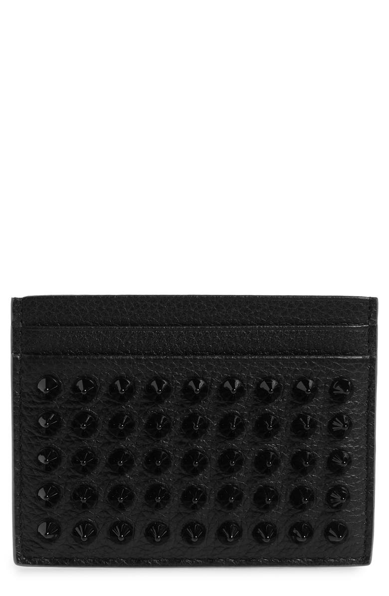 Christian Louboutin Kios Spikes Calfskin Leather Card Case, Main, color, Black/ Black
