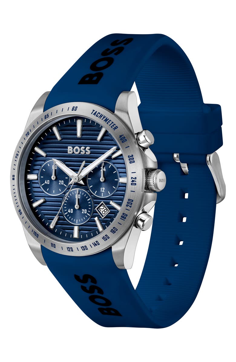 BOSS Strike Chronograph Silicone Strap Watch, 41mm, Alternate, color, Navy Blue