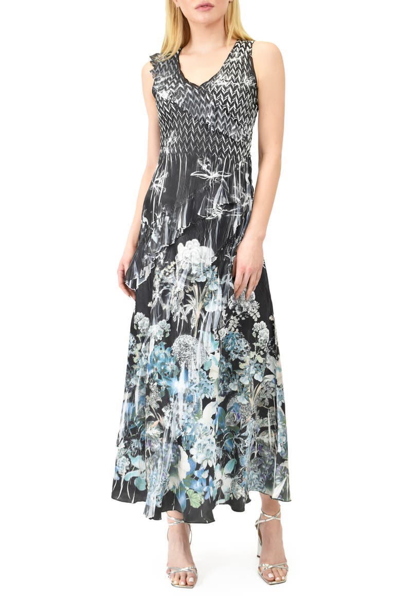 Floral Ruffle Sleeveless Charmeuse Gown, Main, color, HYDRANGEA BORDER