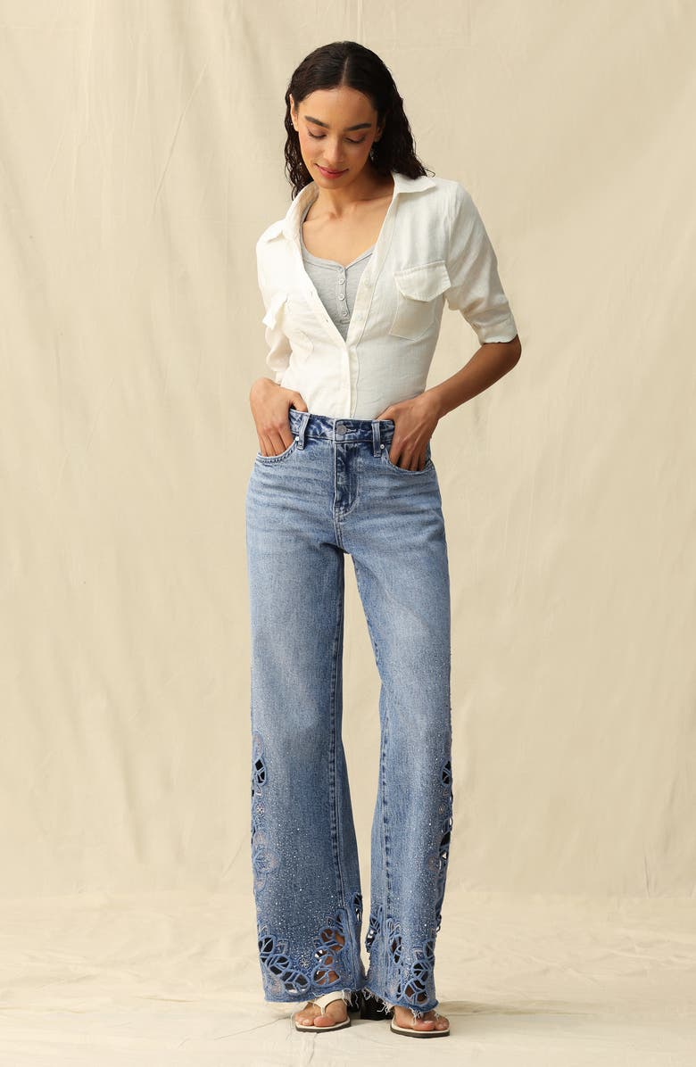 Bayeas Floral Embroidered Raw Hem Wide Leg Jeans, Alternate, color, 