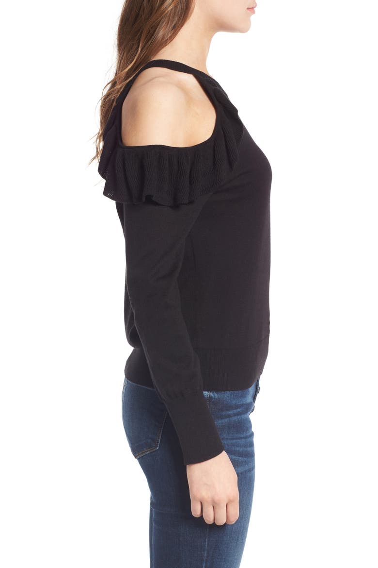 Ruffle Cold Shoulder Pullover, Alternate, color, BLACK