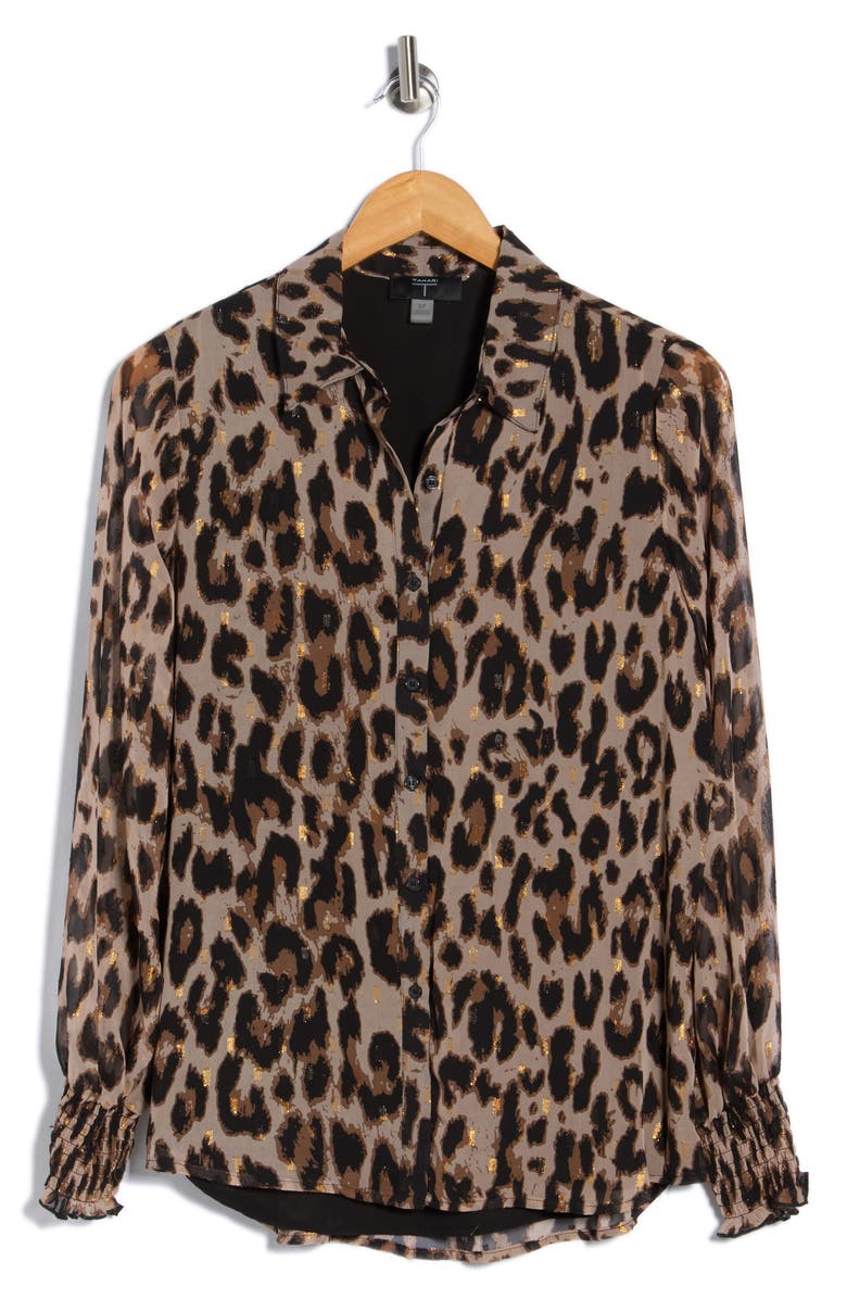 T Tahari Long Sleeve Button Down Blouse, Alternate, color, Leopard Print Brown/ Clip Dot
