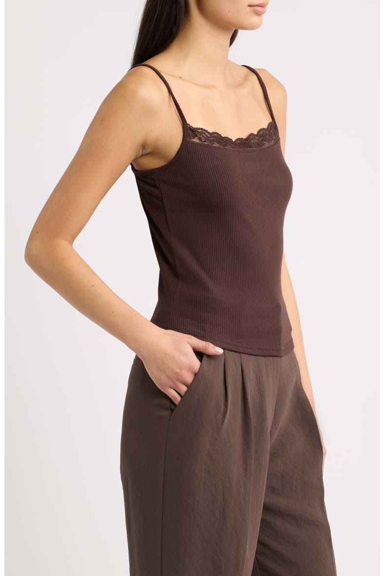 Blondi Lace Trim Ribbed Camisole, Alternate, color, BROWN