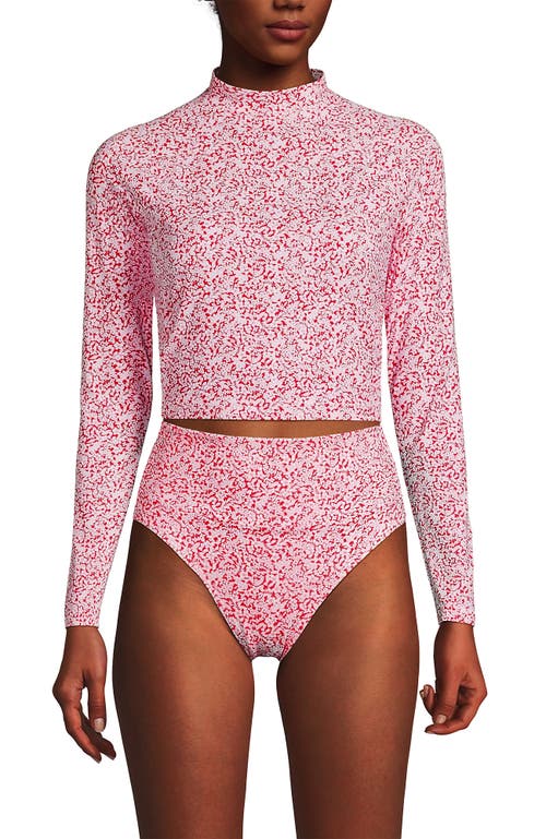 Lands' End Long Sleeve Mock Neck Cropped Upf 50 Sun Protection Rash Guard In Coral Rose/white Ditsy Lilies