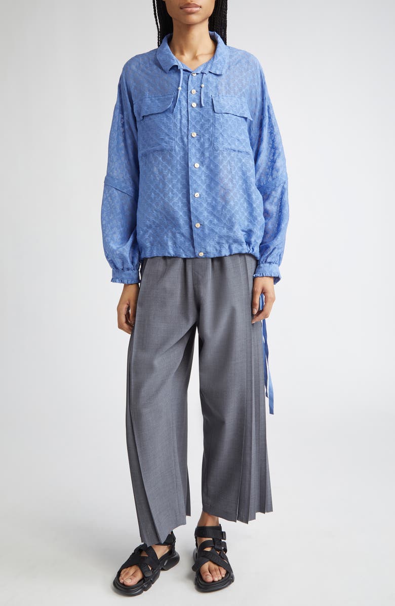 Undercover Fleur-de-Lis Jacquard Cotton & Silk Zip Off Sleeve Button-Up Shirt, Alternate, color,