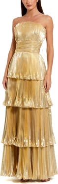 Mac Duggal Strapless Pleated Metallic Layered High Low Gown