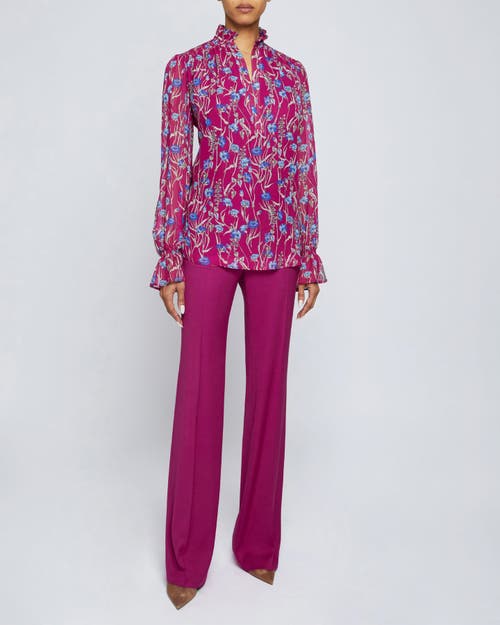 Santorelli Floral Print Smocked Shoulder Blouse In Dark Magenta